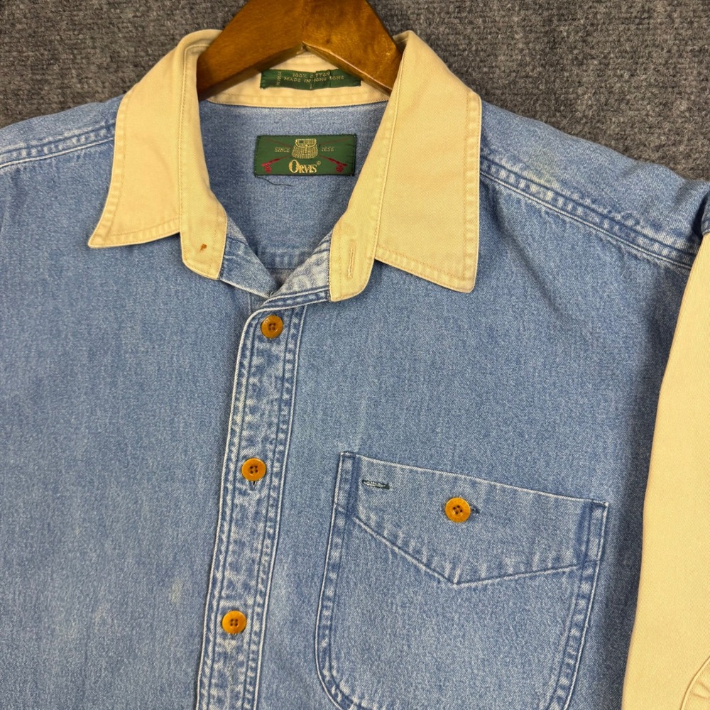 Vintage Orvis Button Down Shirt Mens L Blue Tan Denim Two Tone Elbow Patch